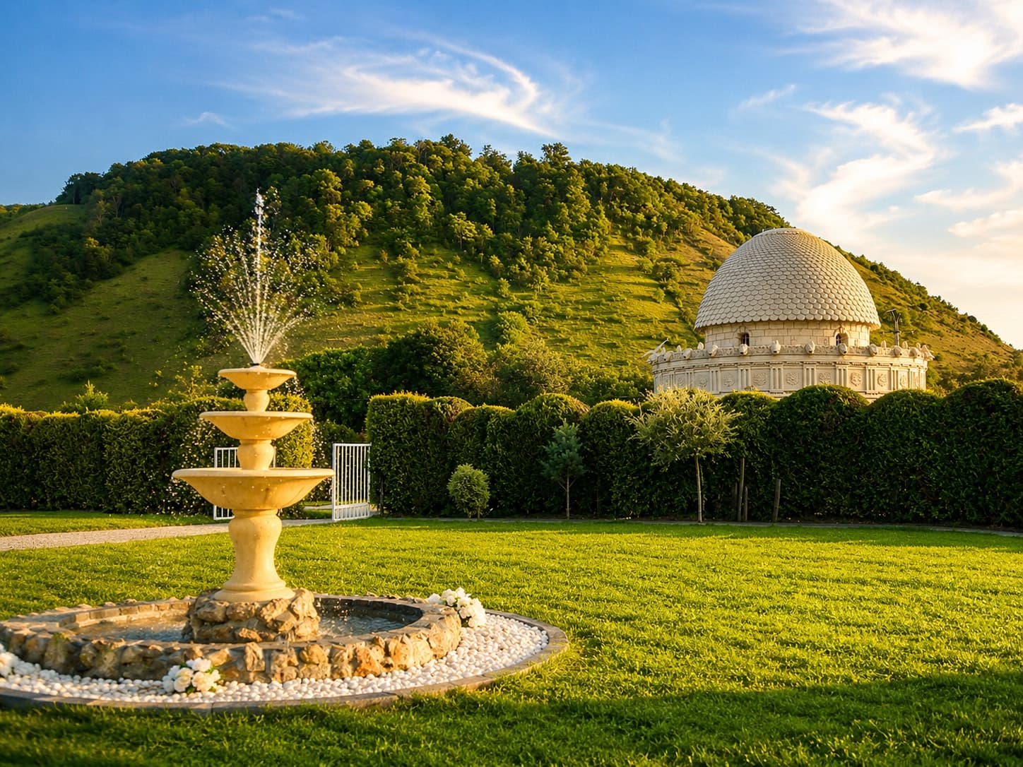 Les jardins, la fontaine et le dôme du Domaine Athéna près de Rouen