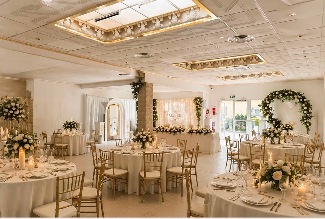 Grande salle de réception dressée pour un mariage au Domaine Athéna
