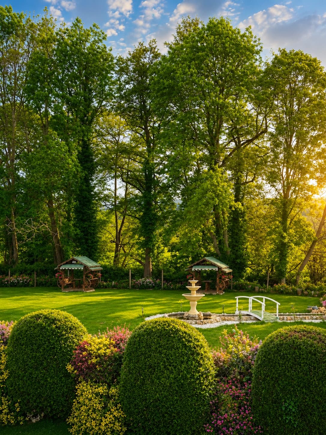 Les jardins, la fontaine et le dôme du Domaine Athéna près de Rouen